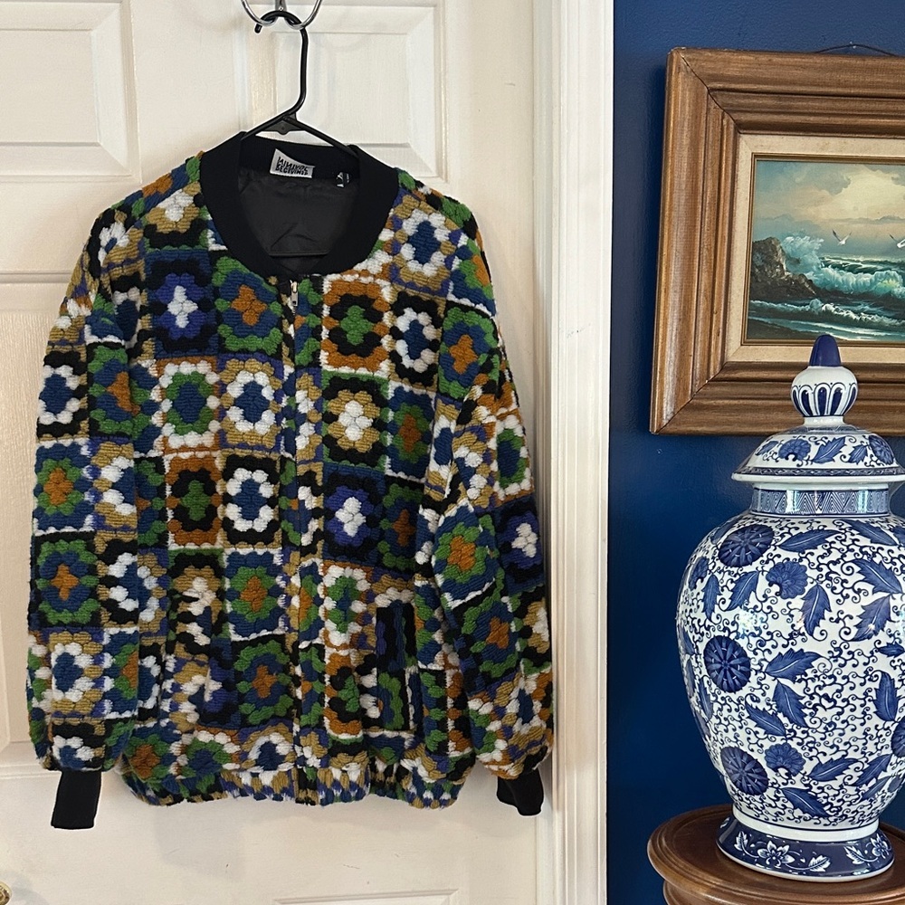 Reclaimed Vintage Unisex Polyester Blend Granny Square Full Zip Trucker Jacket